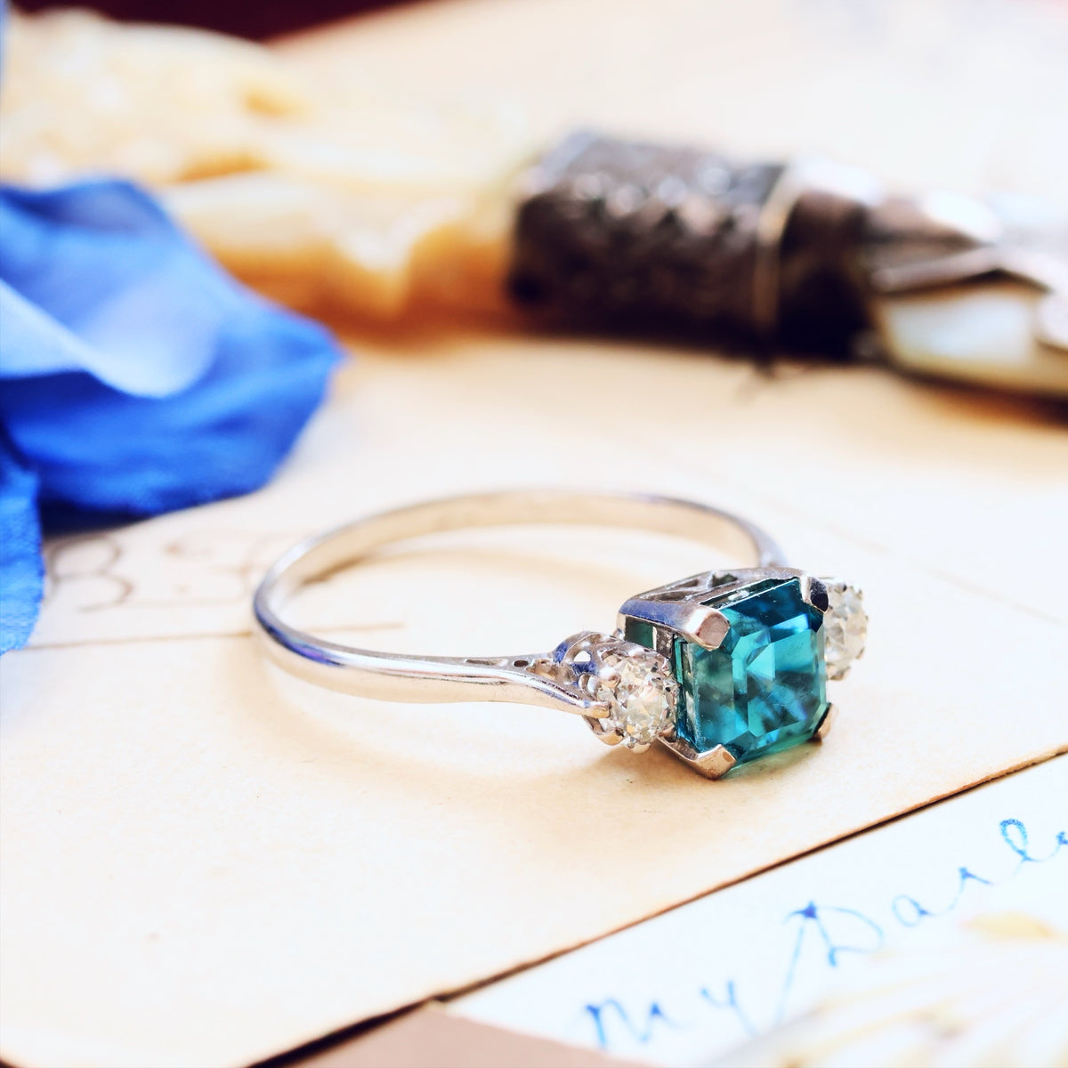 Vintage Starlight Blue Zircon & Diamond Trilogy Ring