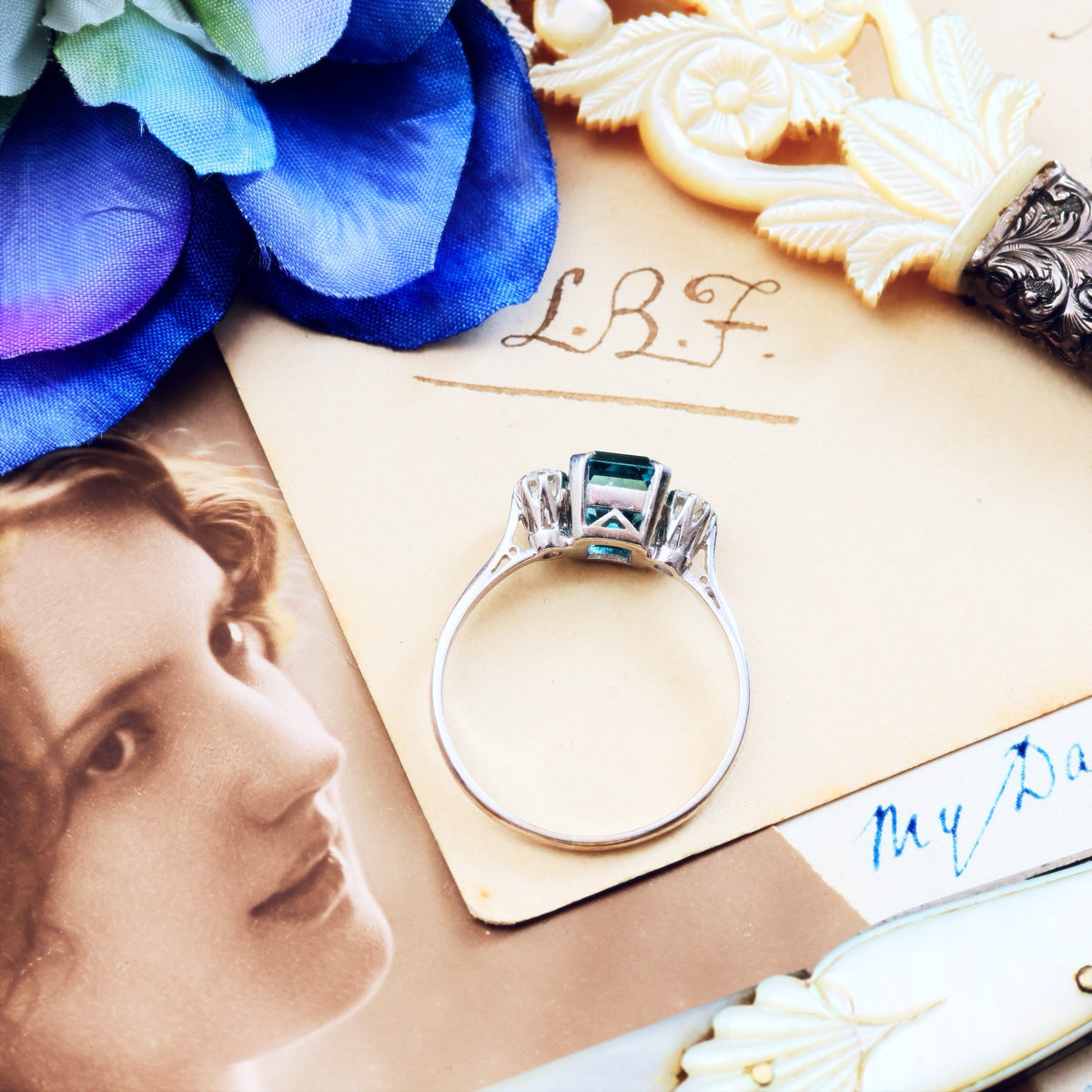 Vintage Starlight Blue Zircon & Diamond Trilogy Ring