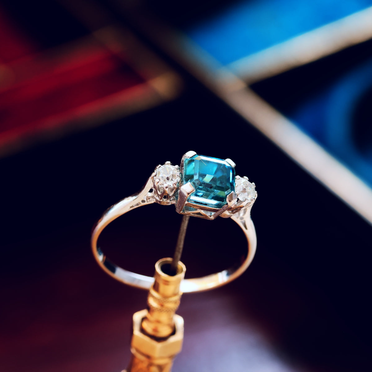 Vintage Starlight Blue Zircon & Diamond Trilogy Ring
