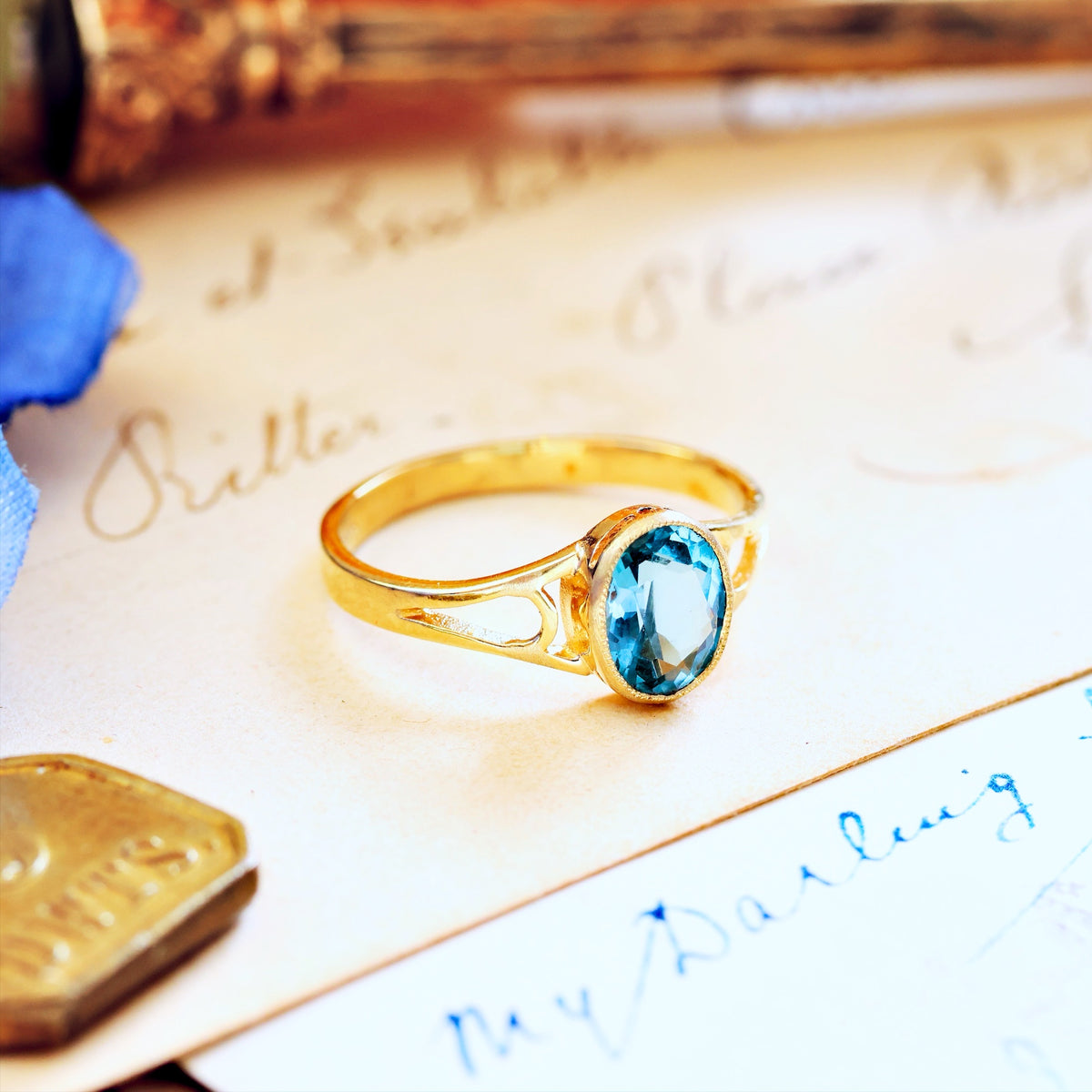 Edwardian Style 9ct Gold Blue Topaz Ring