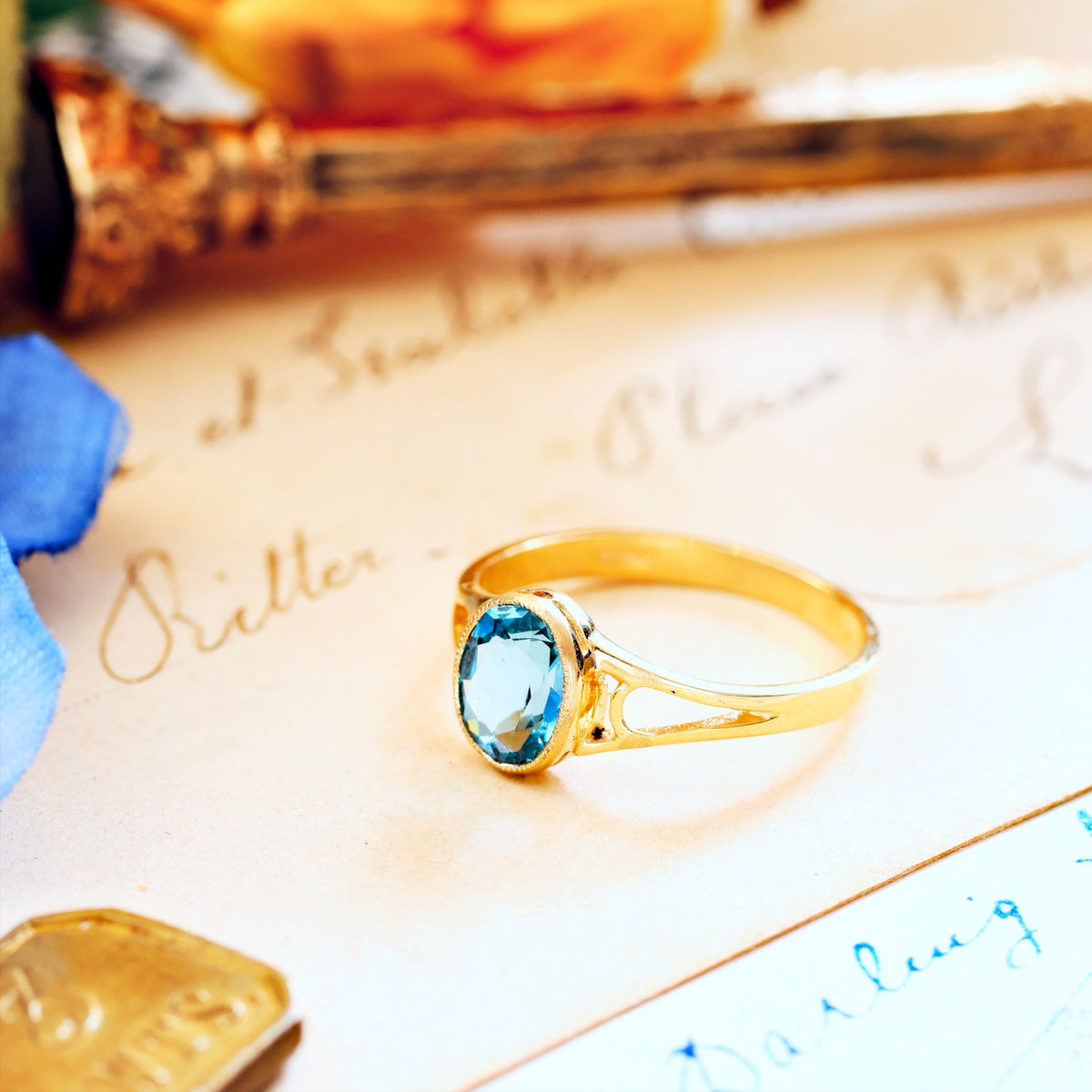 Edwardian Style 9ct Gold Blue Topaz Ring