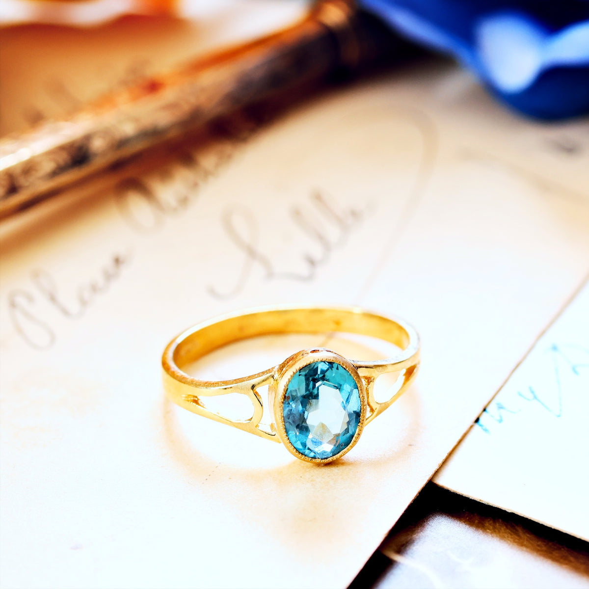 Edwardian Style 9ct Gold Blue Topaz Ring