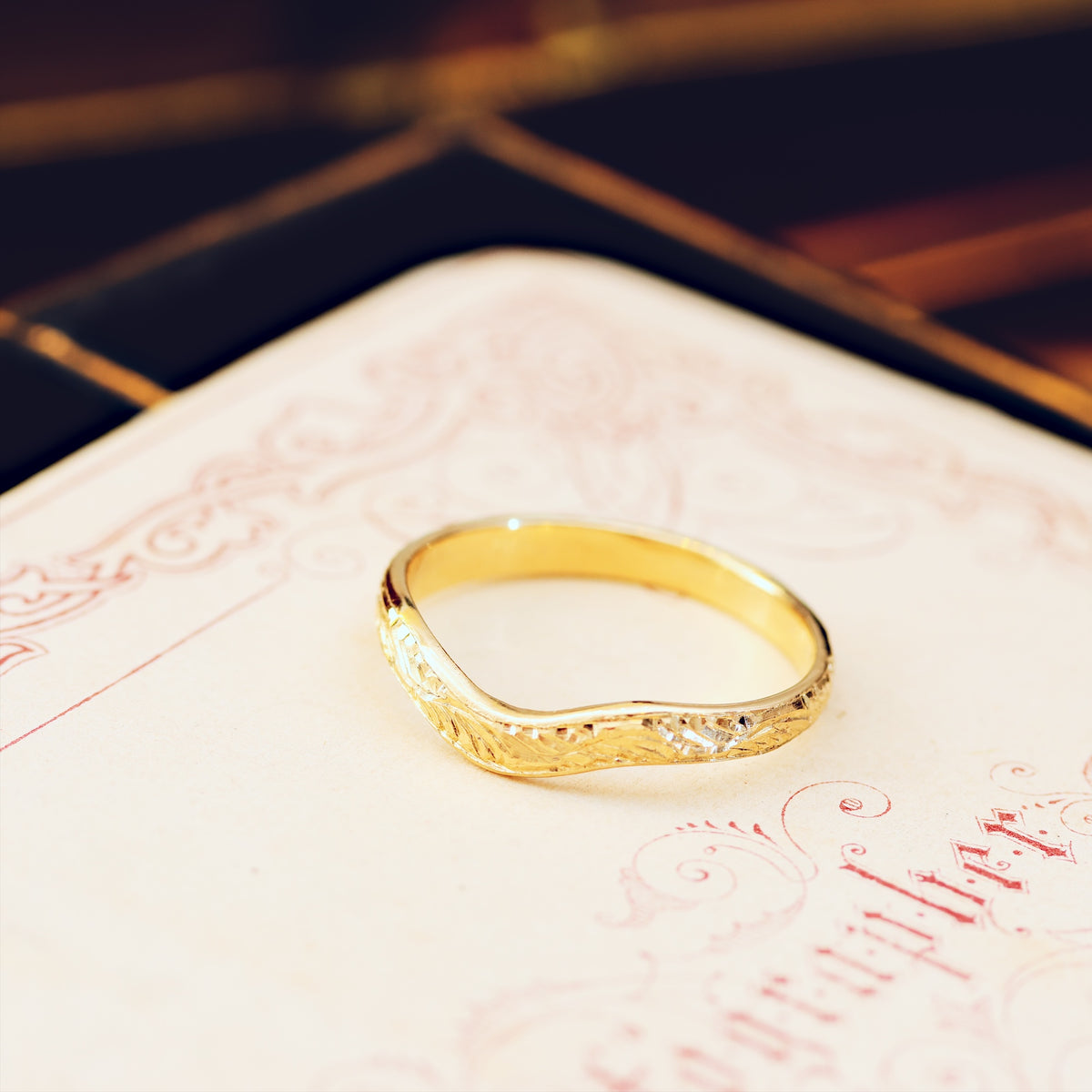 Hand Engraved 'Ferns' Wave Shaped Wedding Band