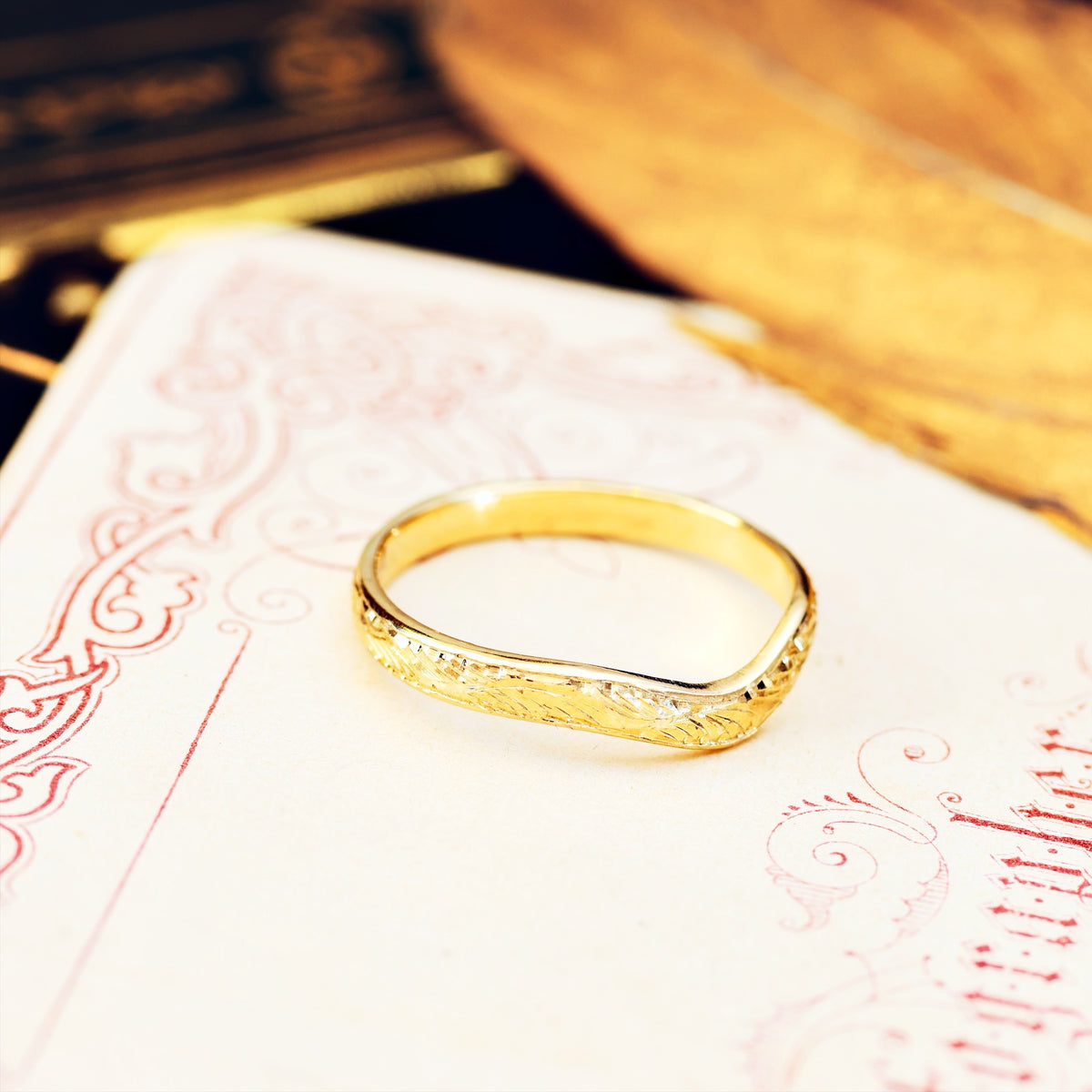 Hand Engraved 'Ferns' Wave Shaped Wedding Band