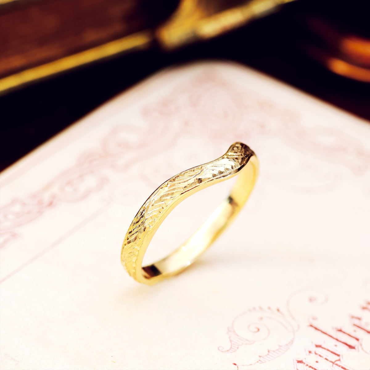 Hand Engraved 'Ferns' Wave Shaped Wedding Band
