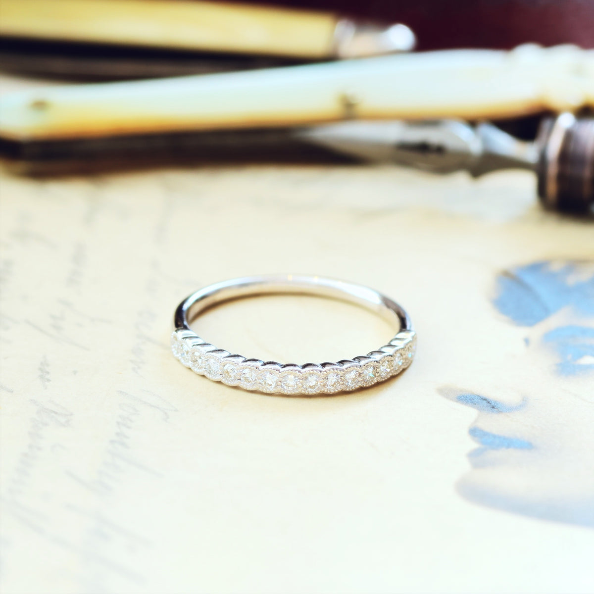 Vintage Style White Gold Diamond Half Eternity Ring