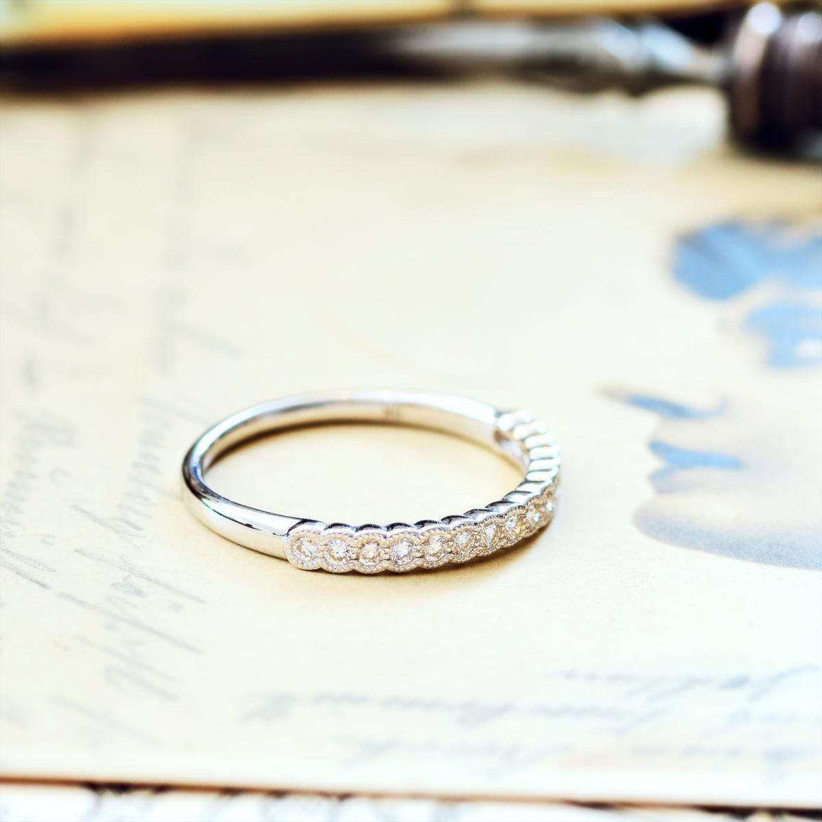 Vintage Style White Gold Diamond Half Eternity Ring