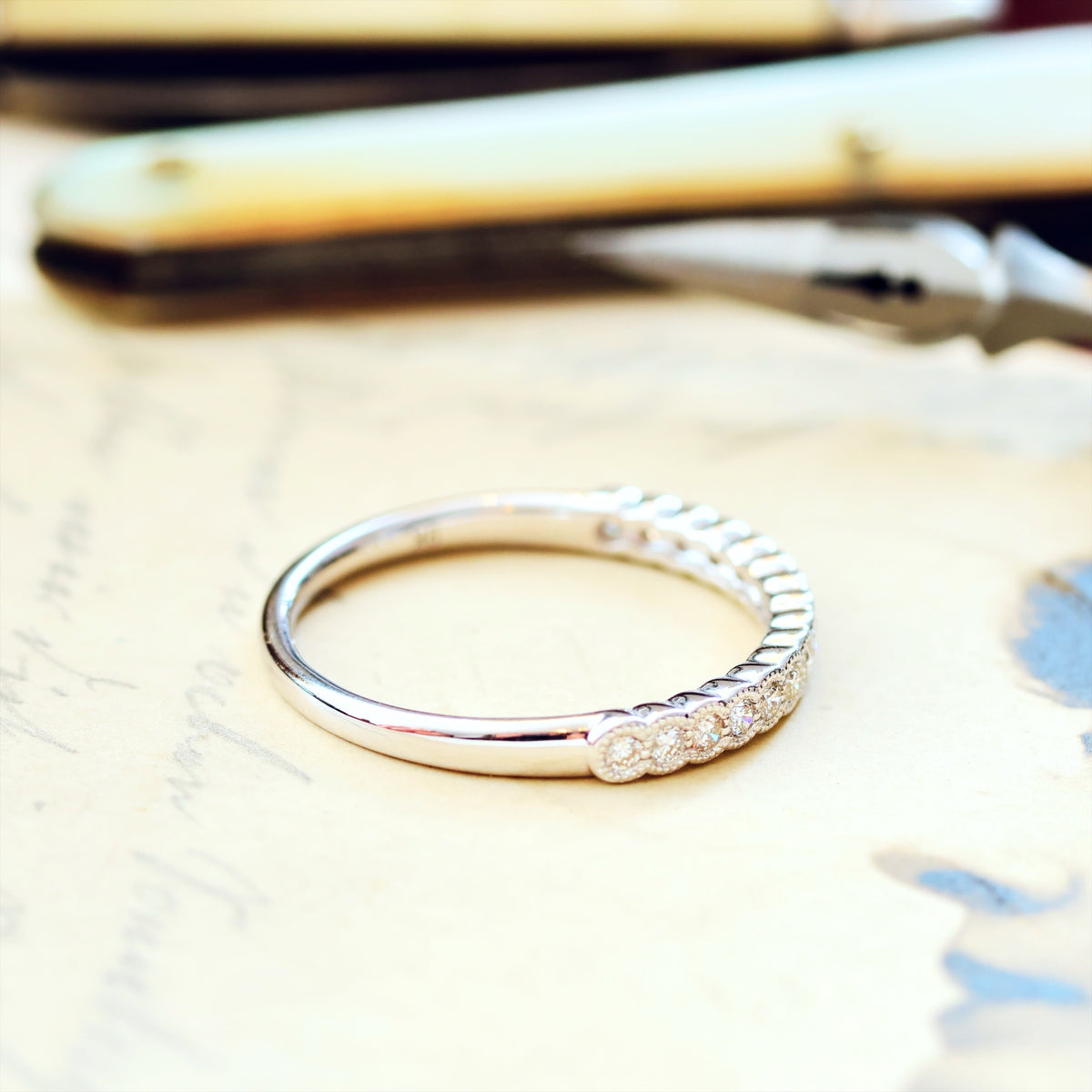 Vintage Style White Gold Diamond Half Eternity Ring