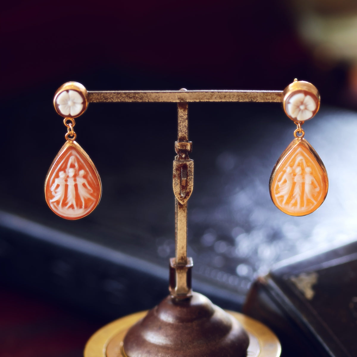 Vintage Three Graces Classical Inspiration Shell Cameo Earrings