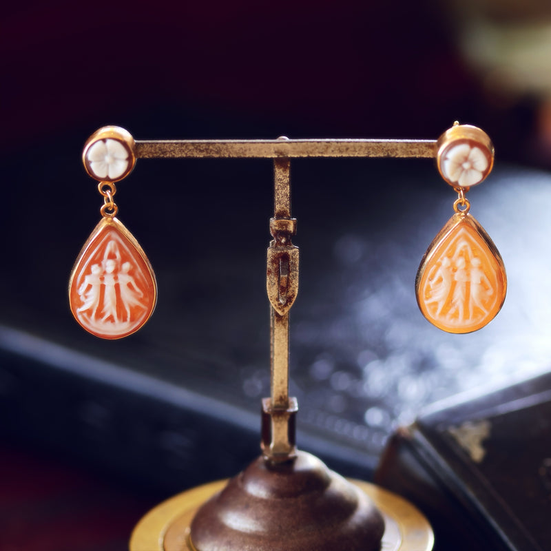 Vintage Three Graces Classical Inspiration Shell Cameo Earrings