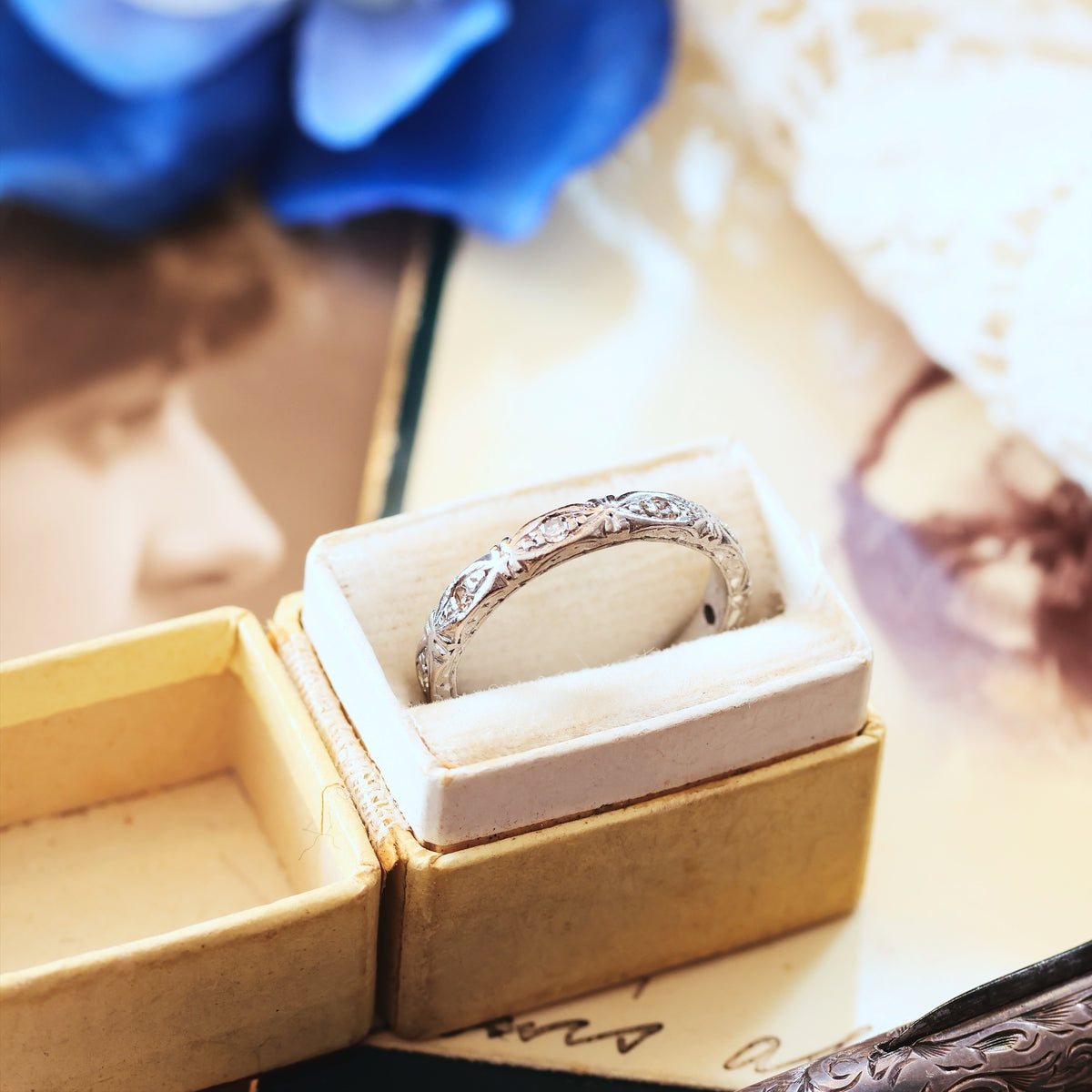 Vintage Size H 1/2 Hand Engraved Diamond Full Eternity Ring
