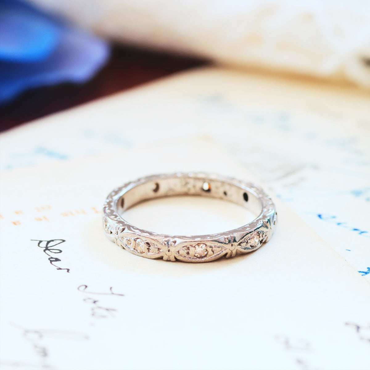 Vintage Size H 1/2 Hand Engraved Diamond Full Eternity Ring