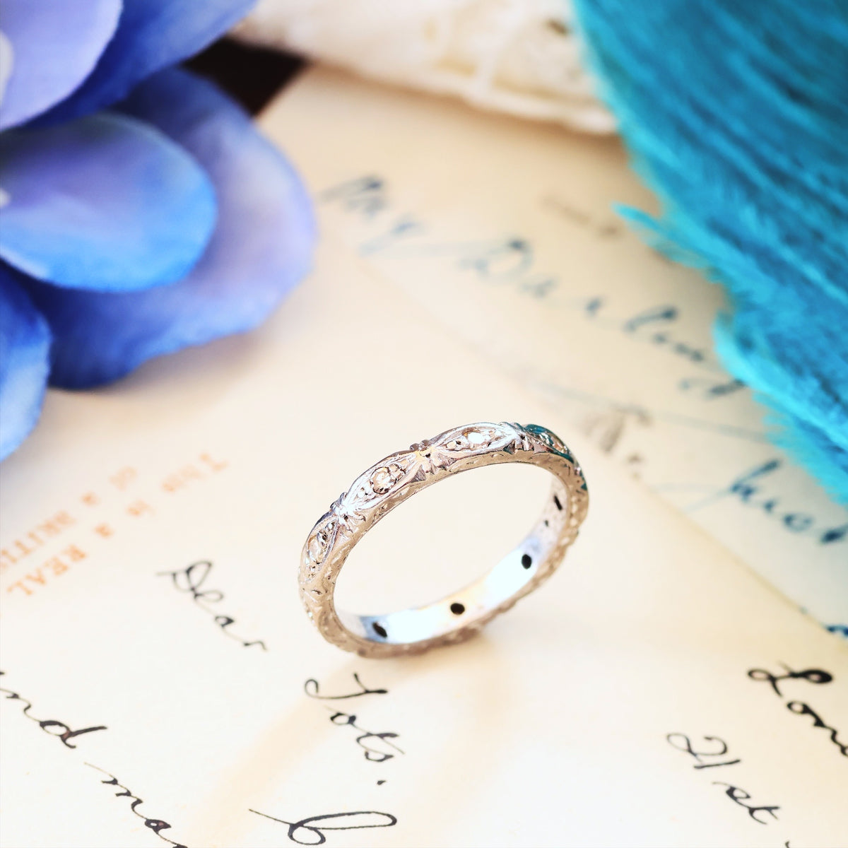 Vintage Size H 1/2 Hand Engraved Diamond Full Eternity Ring