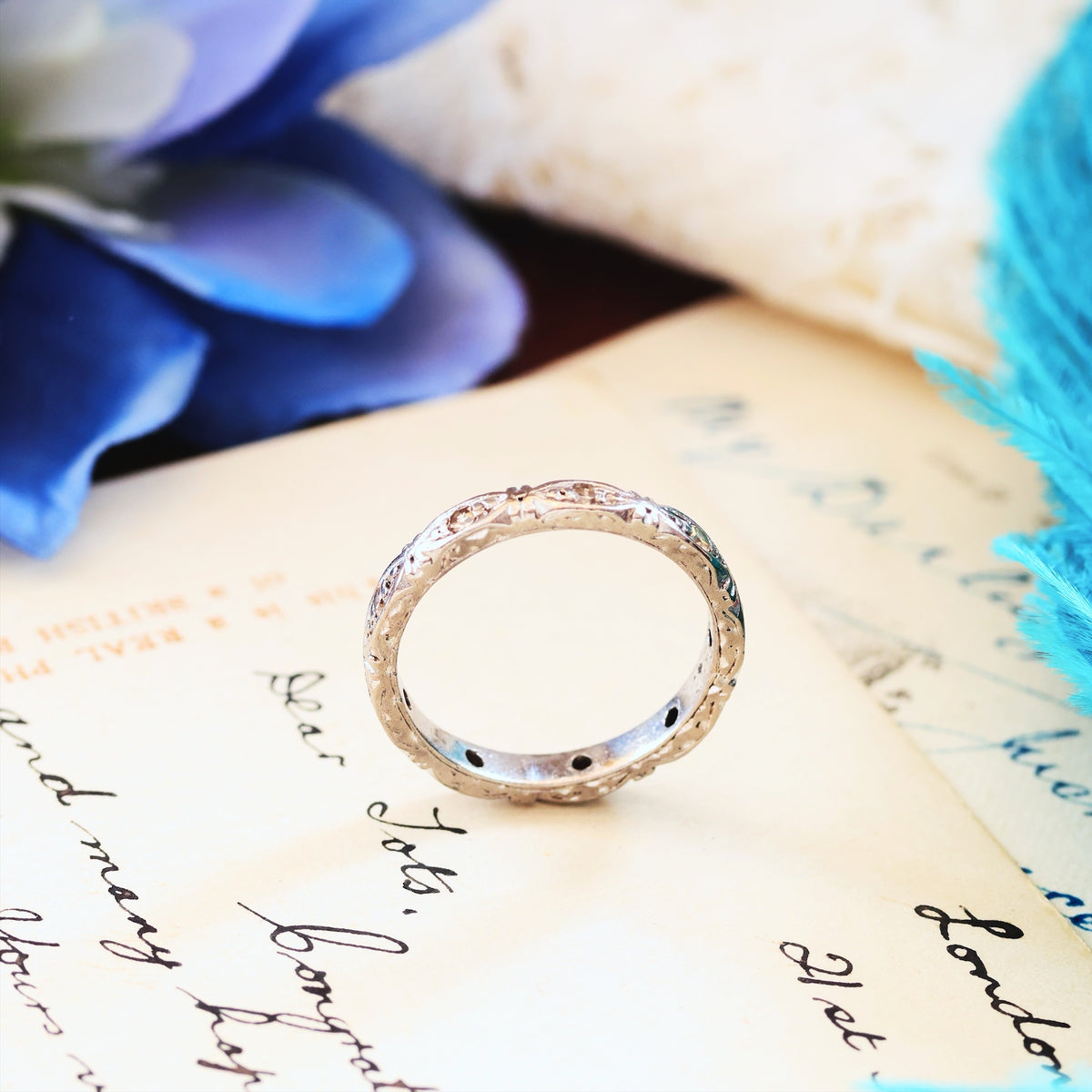 Vintage Size H 1/2 Hand Engraved Diamond Full Eternity Ring