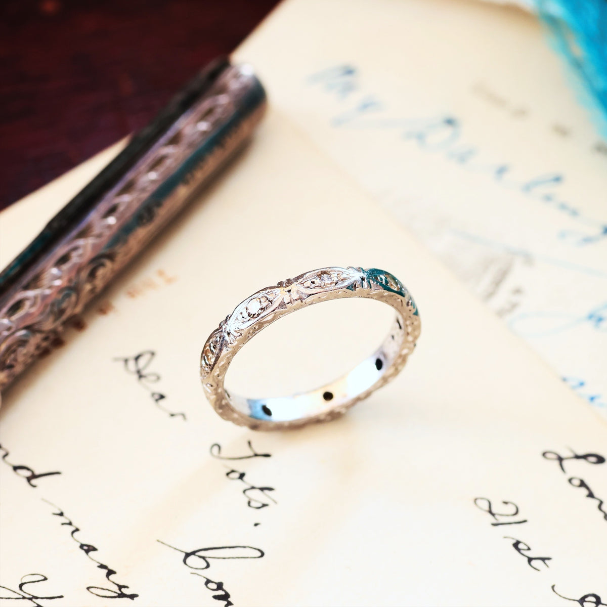 Vintage Size H 1/2 Hand Engraved Diamond Full Eternity Ring