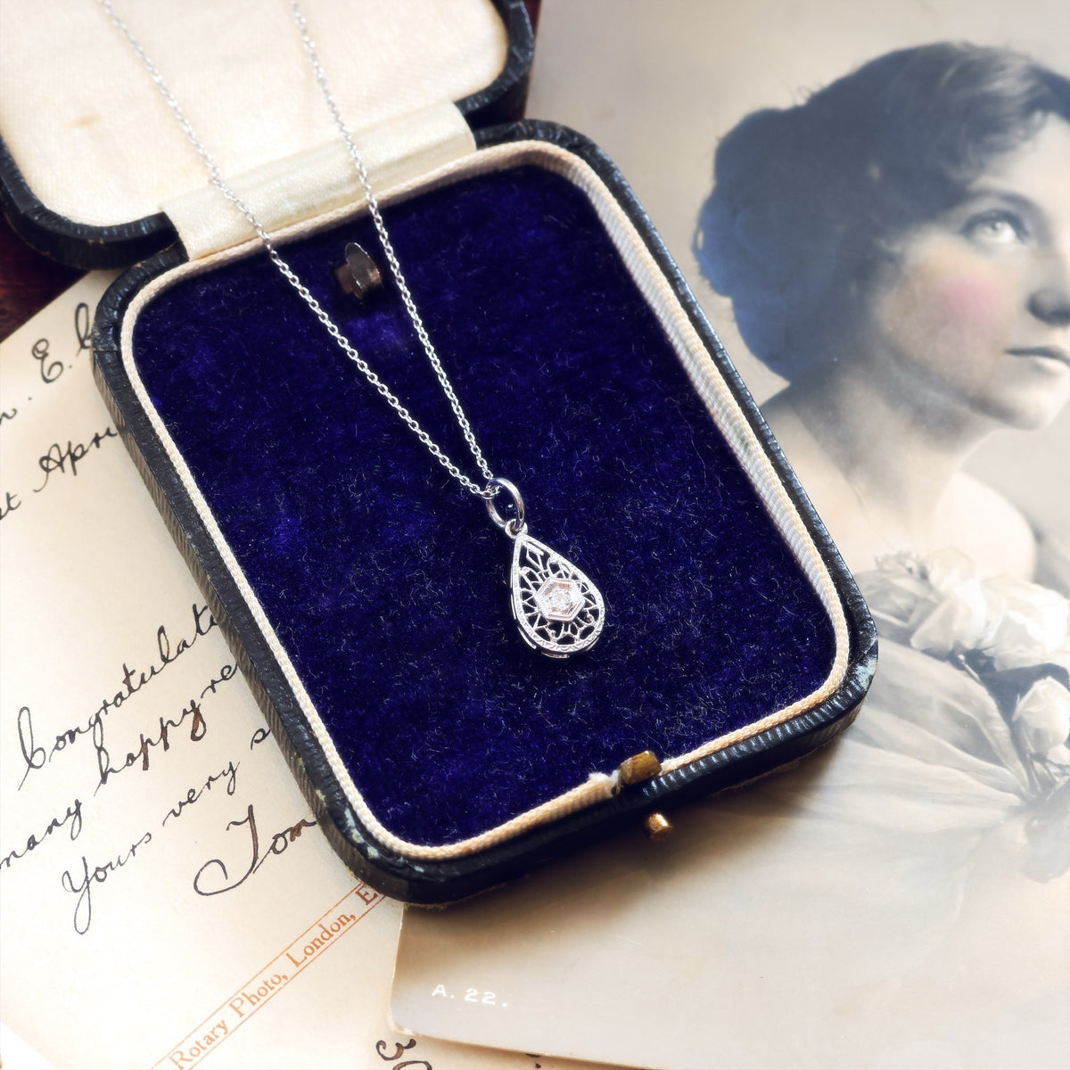 Vintage White Gold Filigree Diamond Pendant