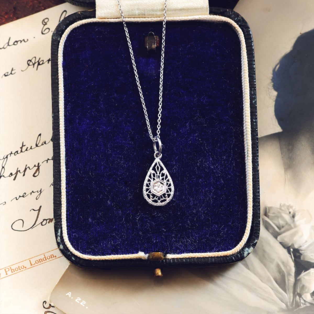 Vintage White Gold Filigree Diamond Pendant