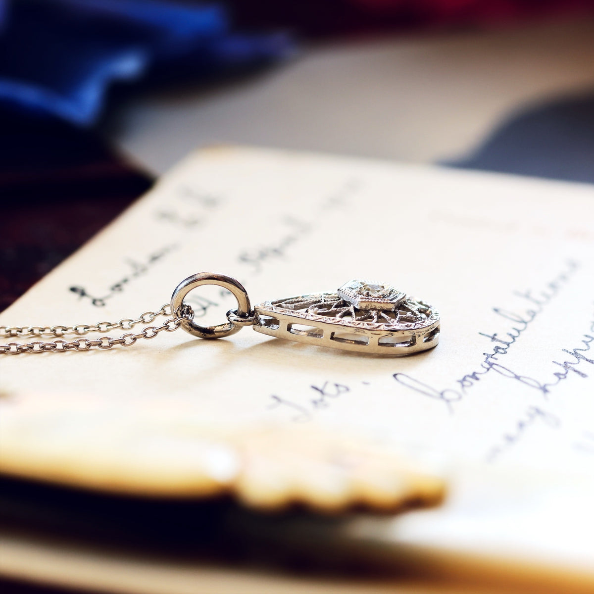 Vintage White Gold Filigree Diamond Pendant