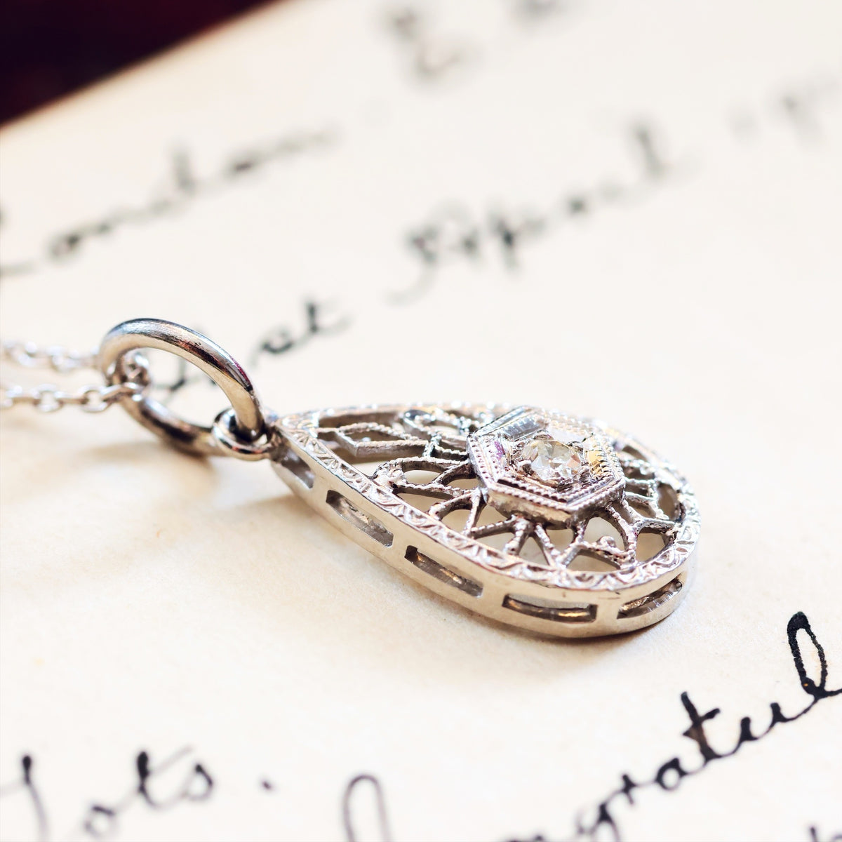 Vintage White Gold Filigree Diamond Pendant