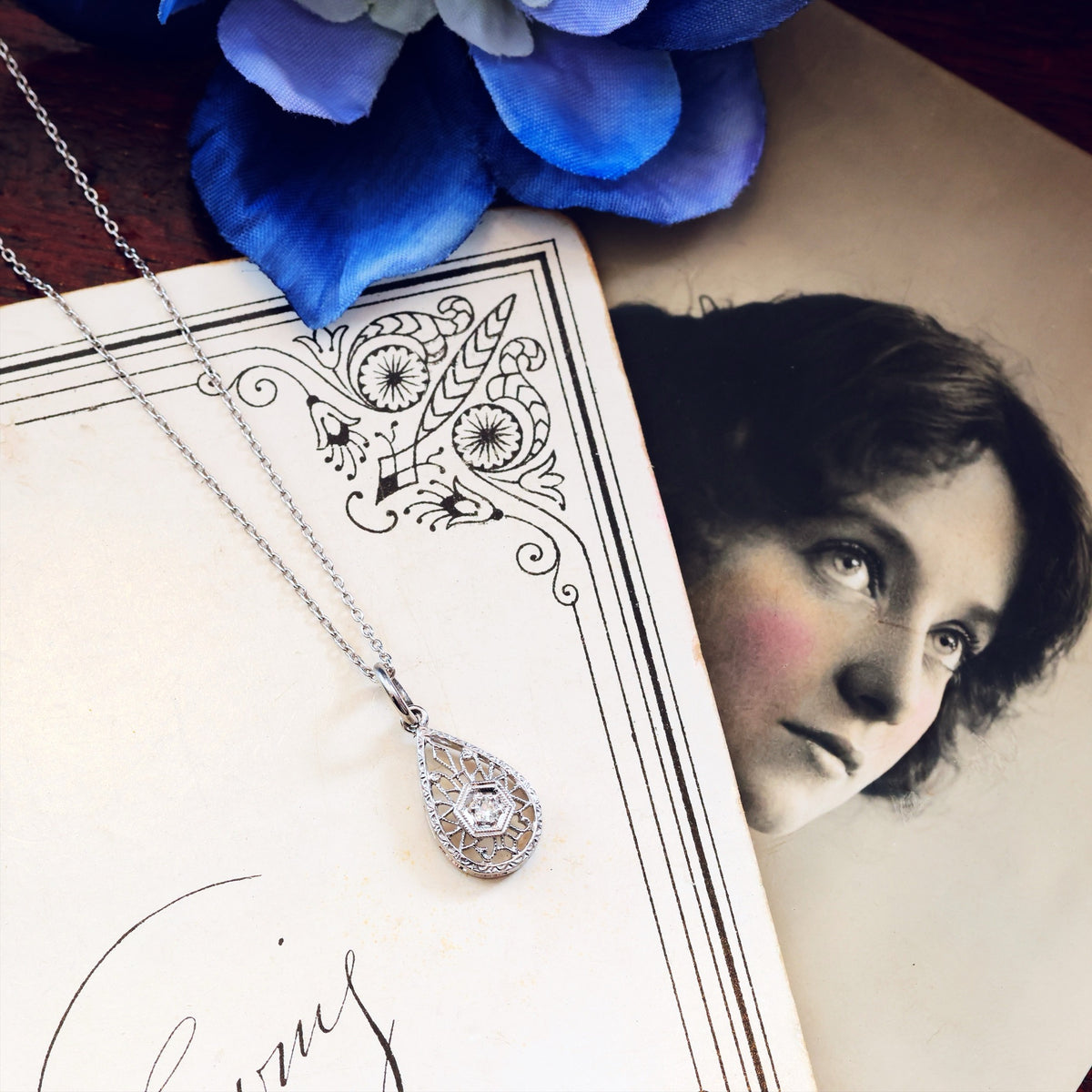Vintage White Gold Filigree Diamond Pendant