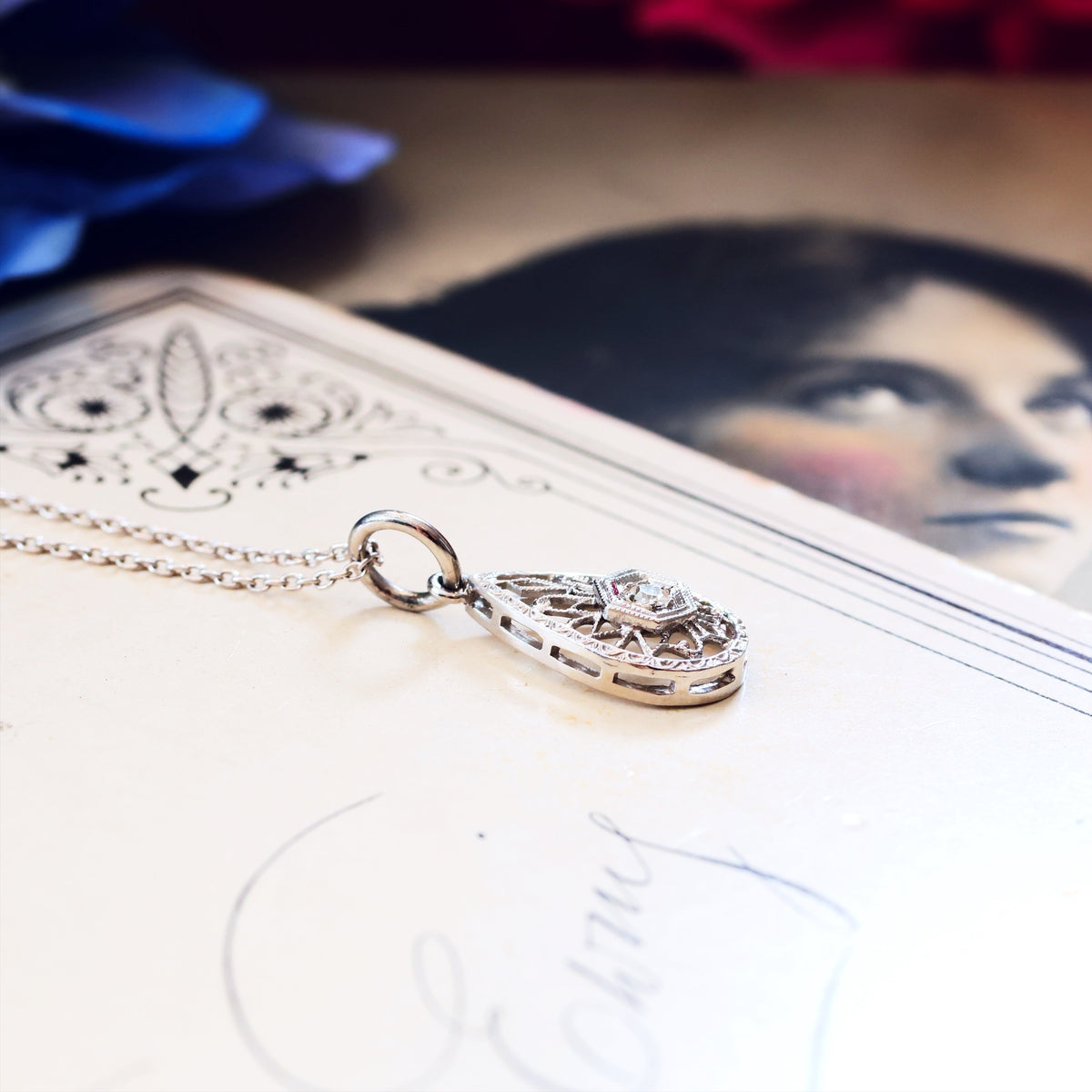 Vintage White Gold Filigree Diamond Pendant