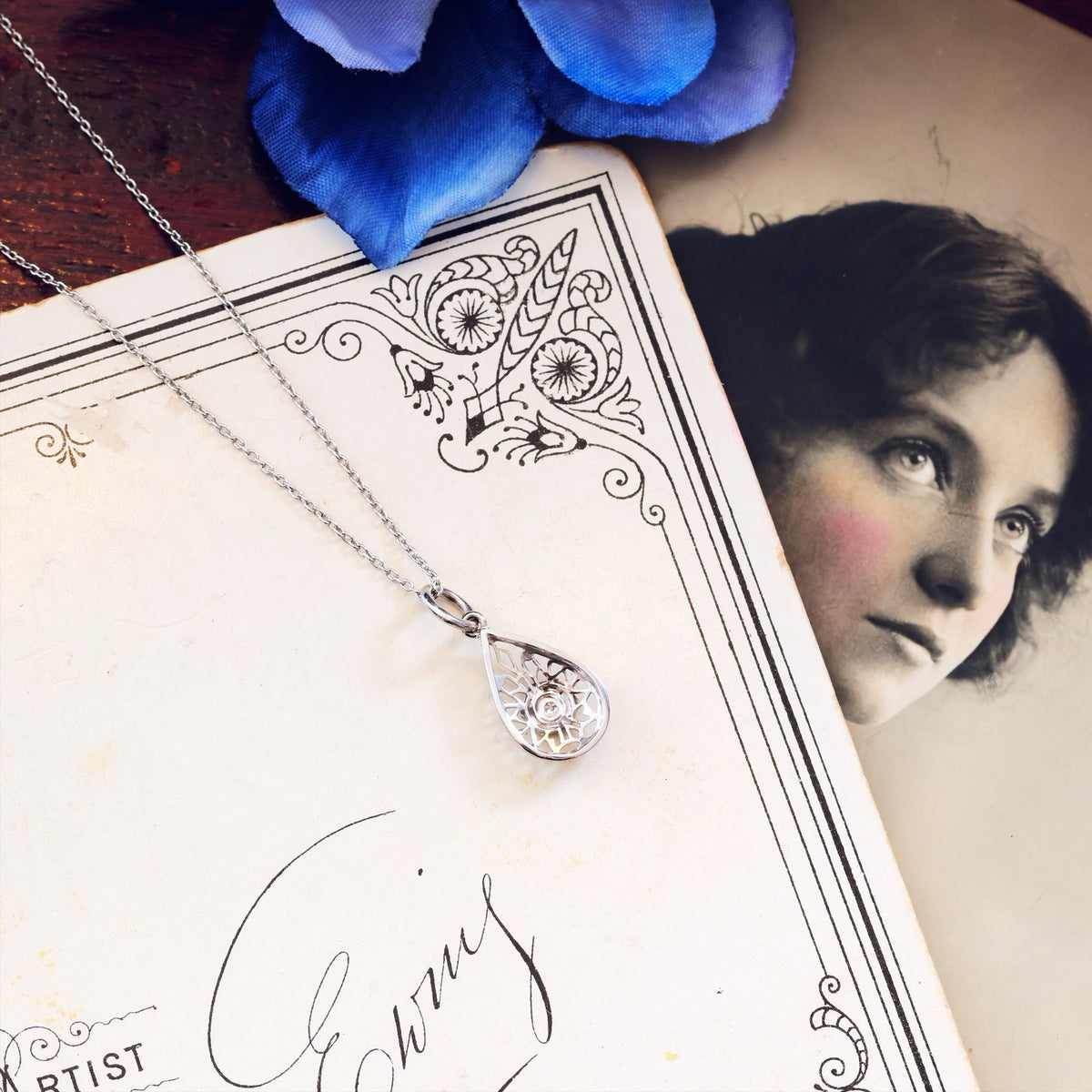 Vintage White Gold Filigree Diamond Pendant