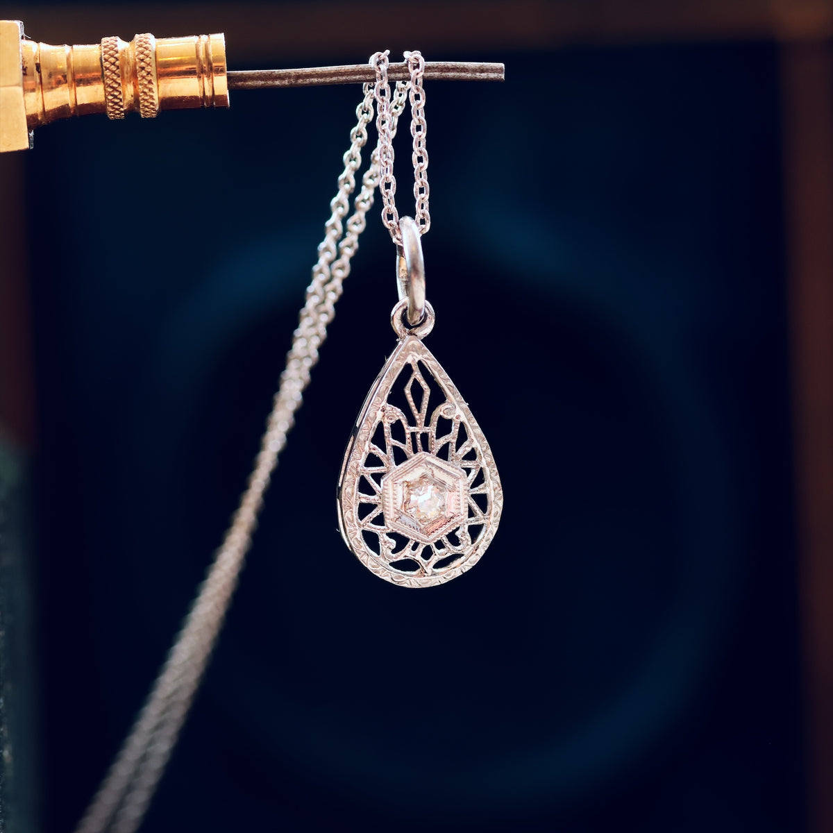 Vintage White Gold Filigree Diamond Pendant
