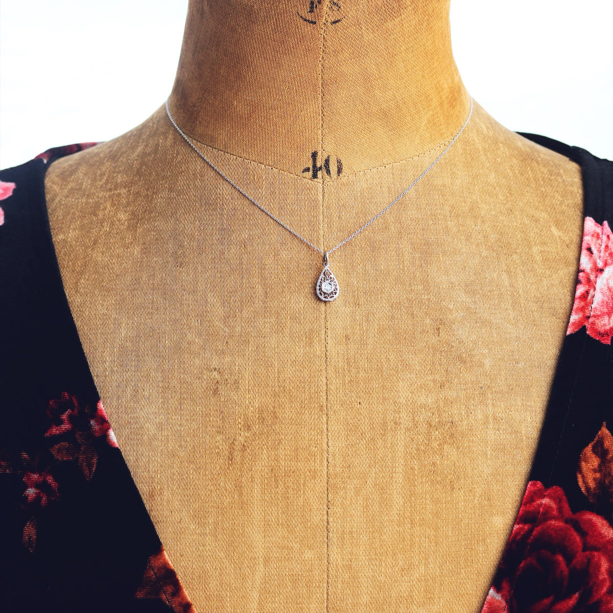 Vintage White Gold Filigree Diamond Pendant