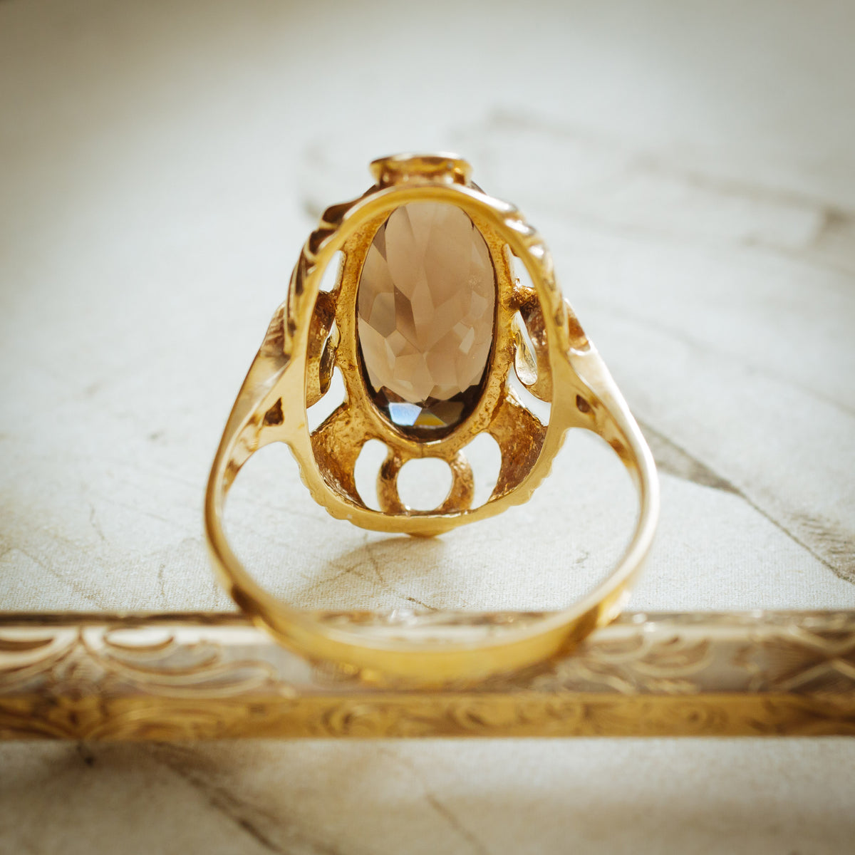 Showy Vintage Date 1972 Smoky Quartz Dress Ring