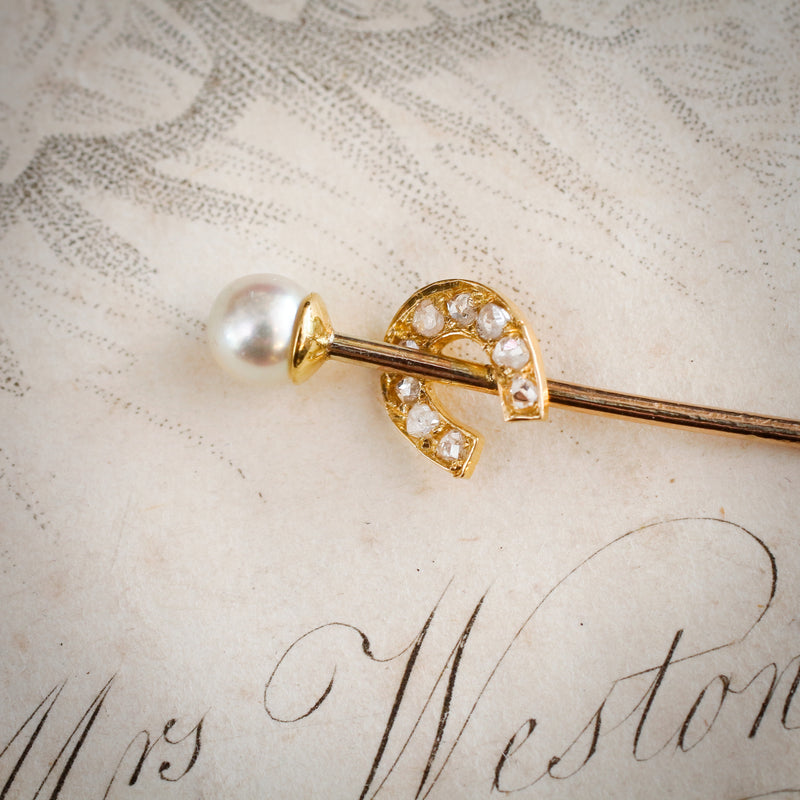 Antique Lucky Horseshoe Diamond and Natural Pearl Stick Pin