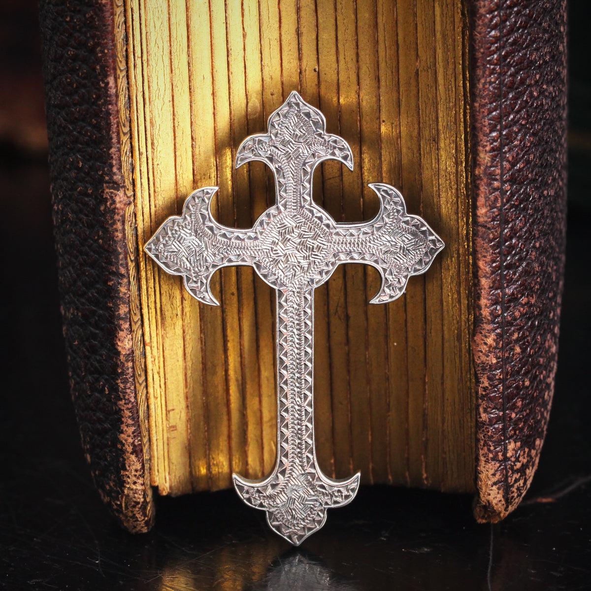 Antique Gothic Revival Silver Cross Brooch