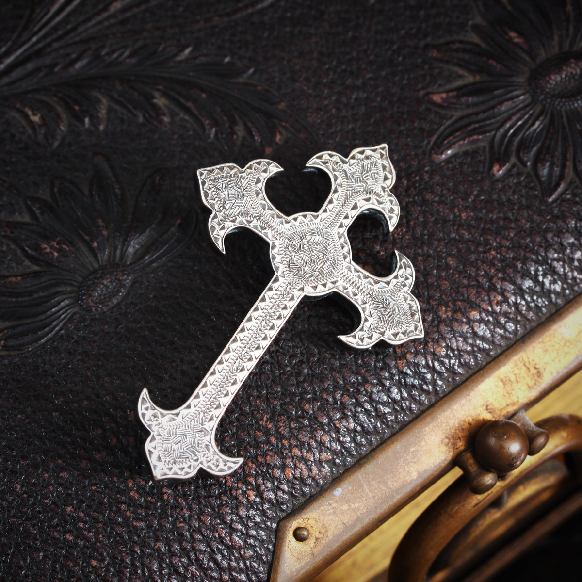 Antique Gothic Revival Silver Cross Brooch