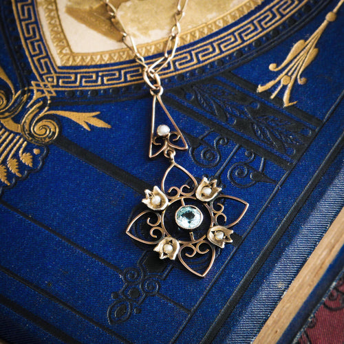 Ethereal Antique Edwardian Aquamarine & Seed Pearl Pendant