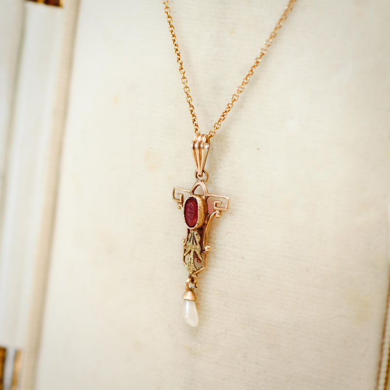 Petite Antique Mississippi Pearl & Verneuil Ruby Pendant