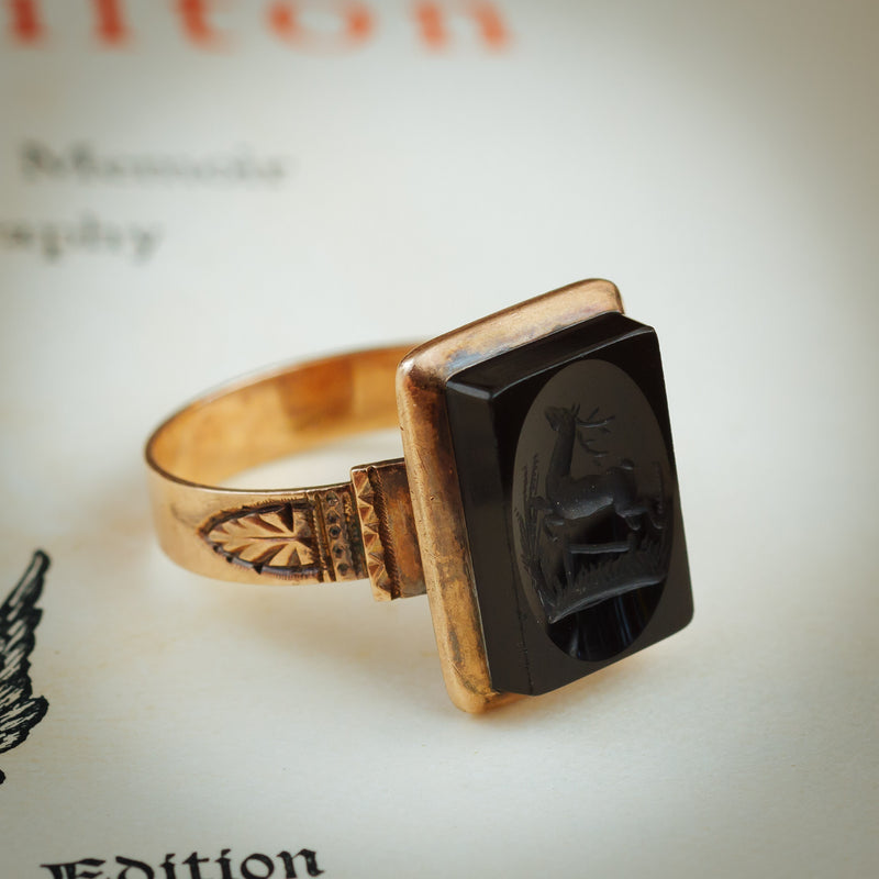 Unusual Circa 1900 Antique Deer Intaglio Ring