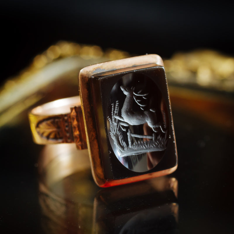 Unusual Circa 1900 Antique Deer Intaglio Ring