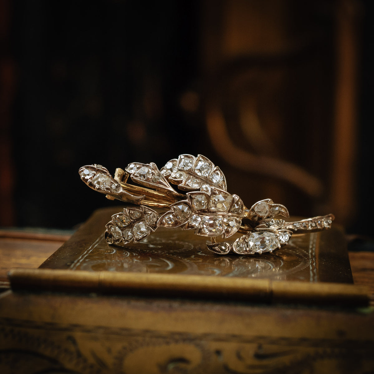 Antique Early Victorian Diamond Leaves Brooch