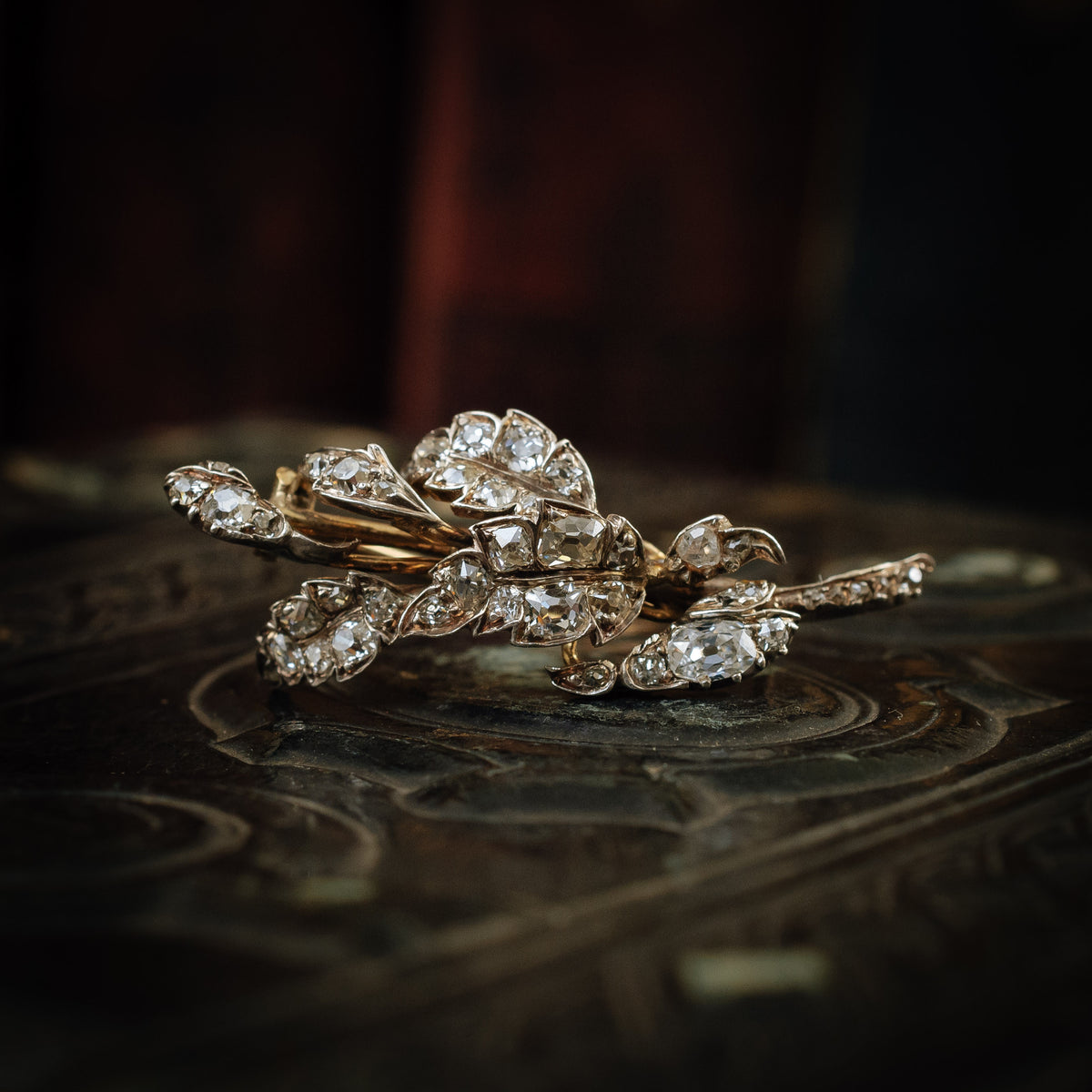 Antique Early Victorian Diamond Leaves Brooch