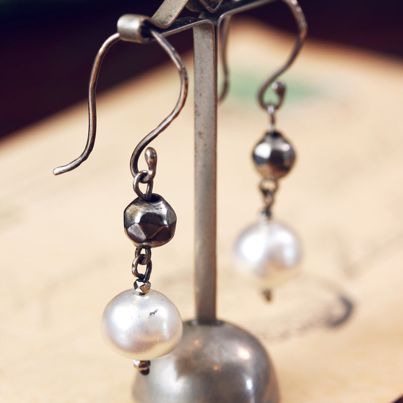 Cut Steel and Hand Blown Glass Pearl Earrings