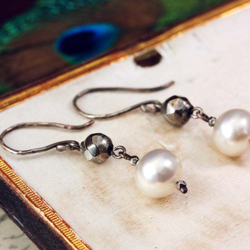 Cut Steel and Hand Blown Glass Pearl Earrings