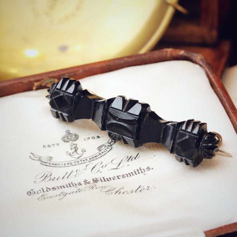 Hand Carved Victorian Whitby Jet Bar Brooch