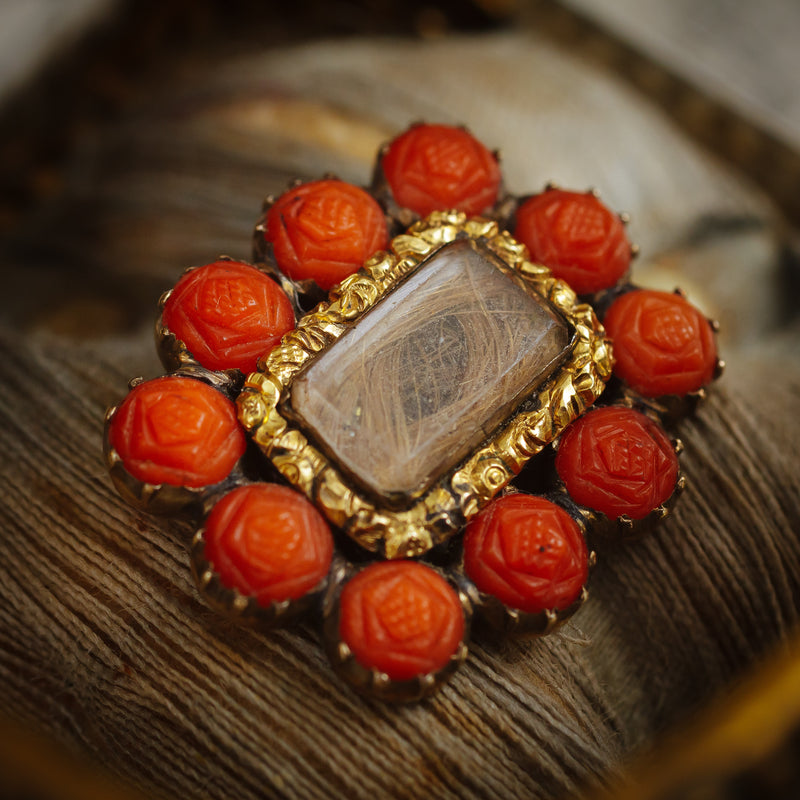 Sentimental Antique Georgian Carved Coral Roses Hair Brooch