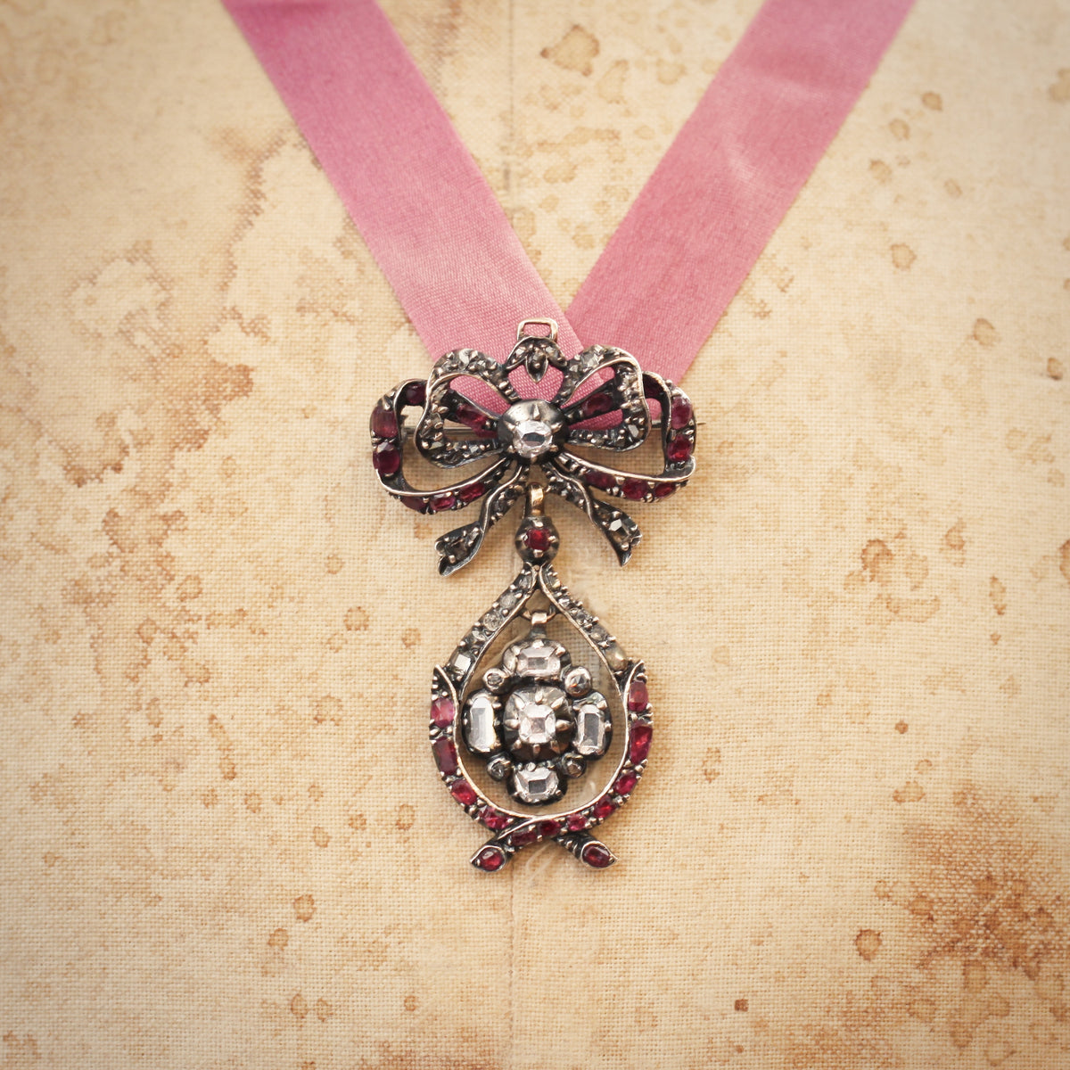 A Rare Antique Pendeloque Bodice Jewel set with Table Cut Diamonds and Rubies