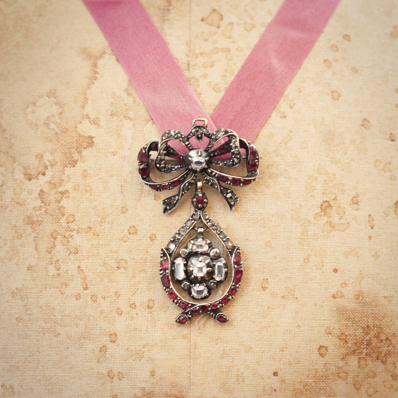 A Rare Antique Pendeloque Bodice Jewel set with Table Cut Diamonds and Rubies