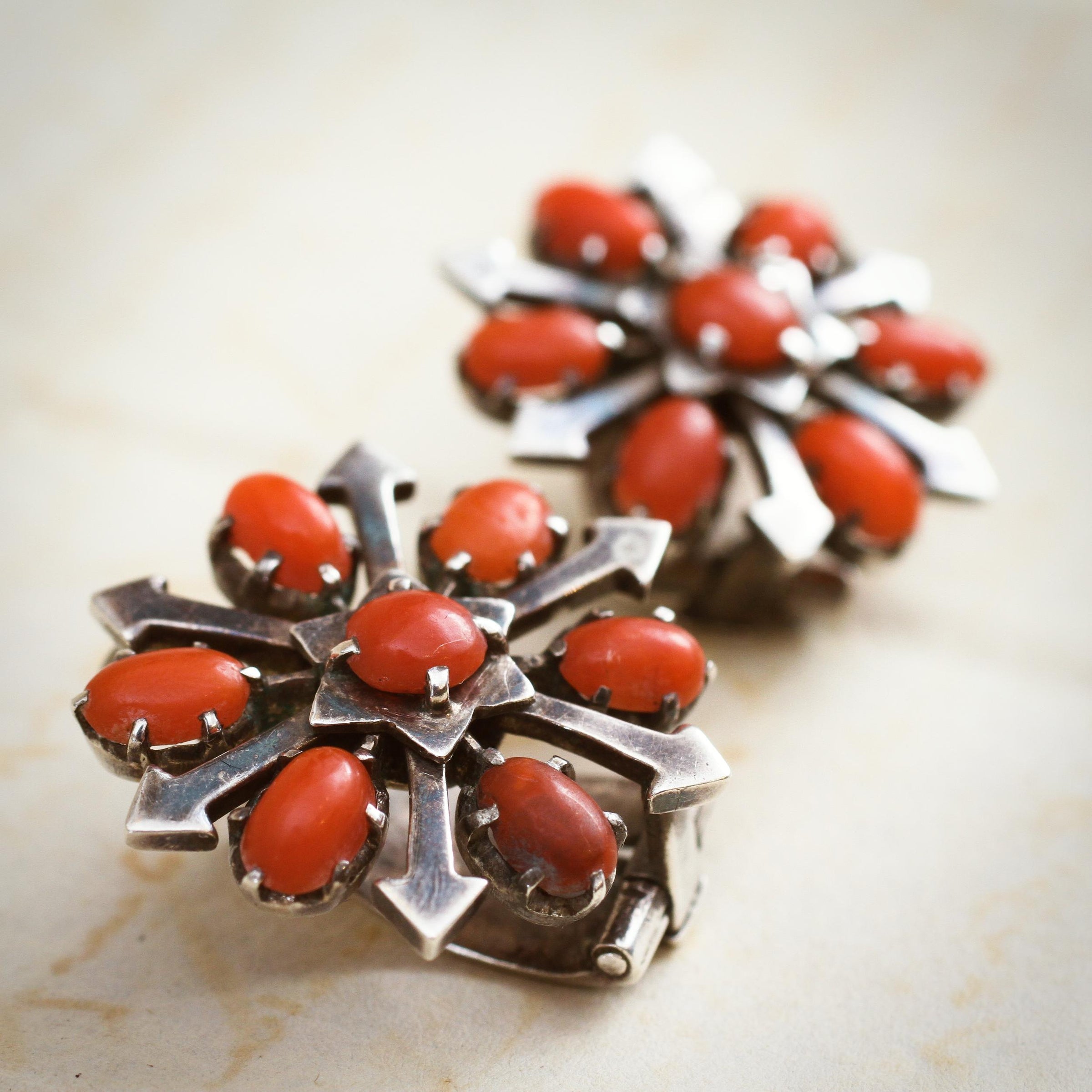 Vintage Mid Century Mexican Coral Silver Earrings Fetheray