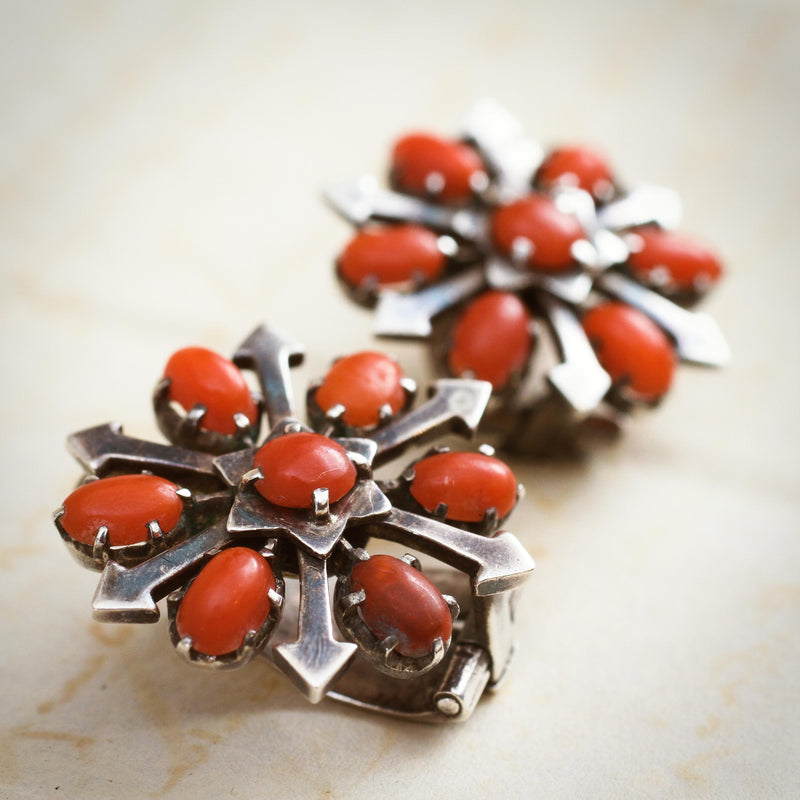 Vintage Mid Century Mexican Coral Silver Earrings