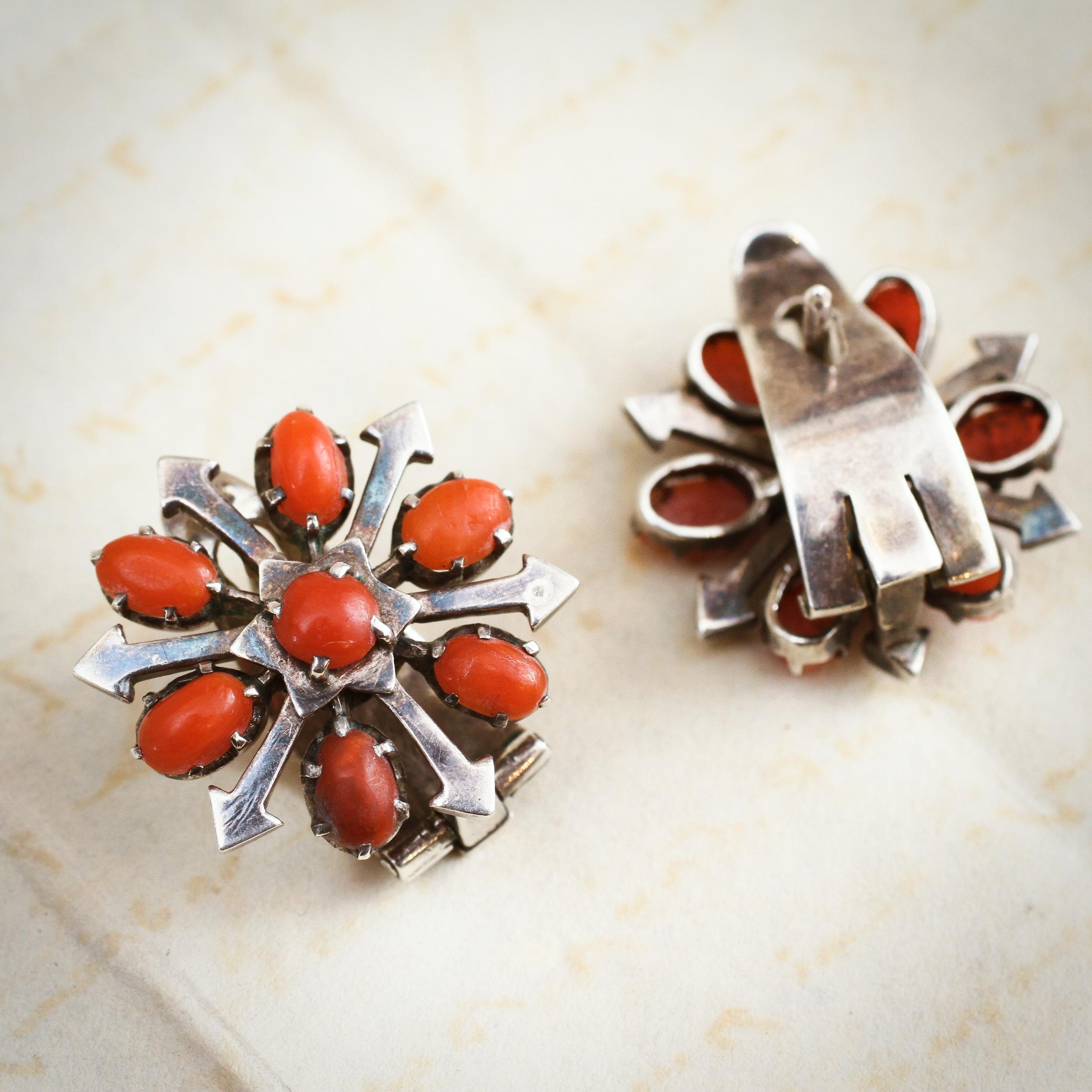 Vintage Mid Century Mexican Coral Silver Earrings Fetheray