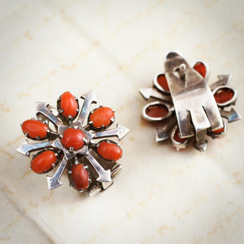 Vintage Mid Century Mexican Coral Silver Earrings Fetheray