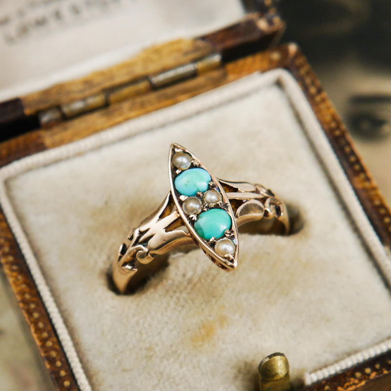 Poetic Art Nouveau Turquoise & Seed Pearl Ring