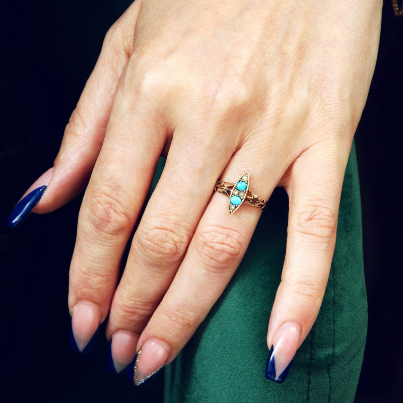 Poetic Art Nouveau Turquoise & Seed Pearl Ring